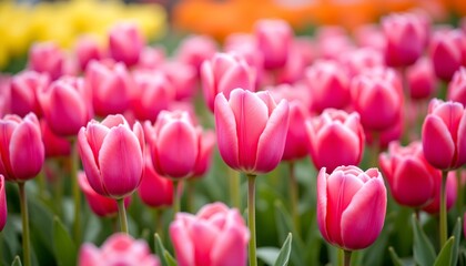 Obraz premium the photo showcases a vibrant display of pink tulips in full bloom, painting a picturesque scene with their delicate petals and vivid hues.