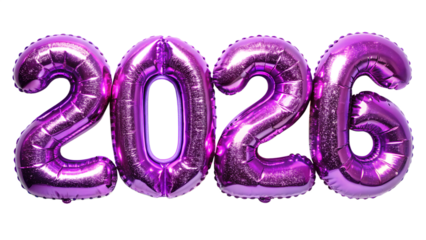 Happy new year 2026 purple color ballon text effect isolated on white background. Transparent PNG file type available .