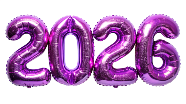 Happy new year 2026 purple color ballon text effect isolated on white background. Transparent PNG file type available .