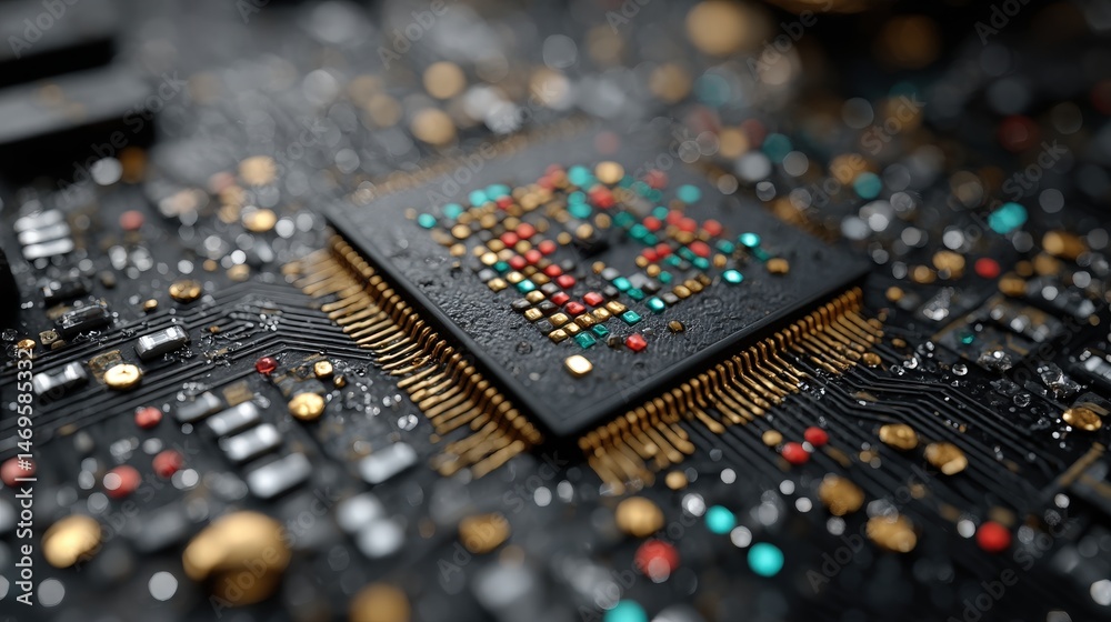 Poster Detailed close-up of a colorful circuit board featuring various embedded buttons and microchips for electronic devices