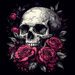 Skull roses dark background gothic art tattoo design