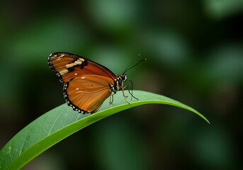 Orange Butterfly on Lush Green Leaf: Nature's Gentle Beauty AI Generated