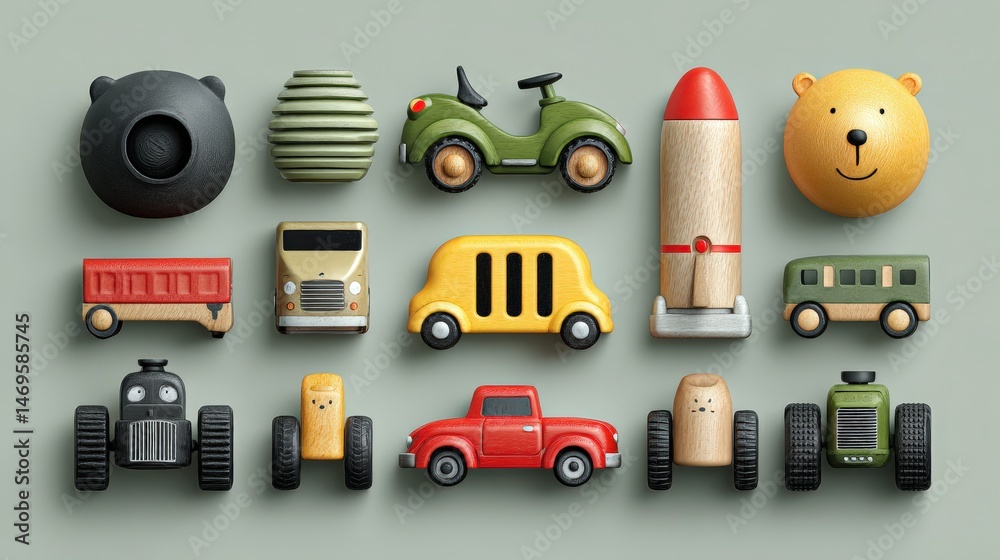 Poster diverse collection of toys including cars, bears, and puzzles arranged in a circular pattern on a cl