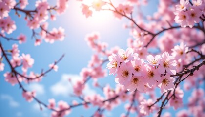the delicate pink petals of the cherry blossoms contrast beautifully against the deep blue sky, creating a stunning display of nature's beauty