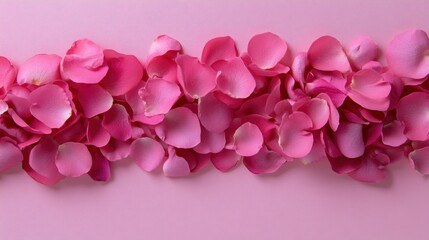 Fototapeta premium Gentle rain of pink rose petals captured on pale pink backdrop, top view