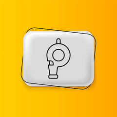 Black Whistle icon isolated on yellow background. Referee symbol. Fitness and sport sign. Silver rectangle button. Vector