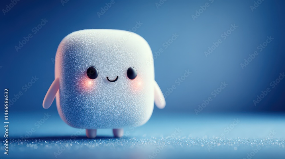 Poster Small white toy character with a big smile displaying joyful expression in a modern chat bubble setting