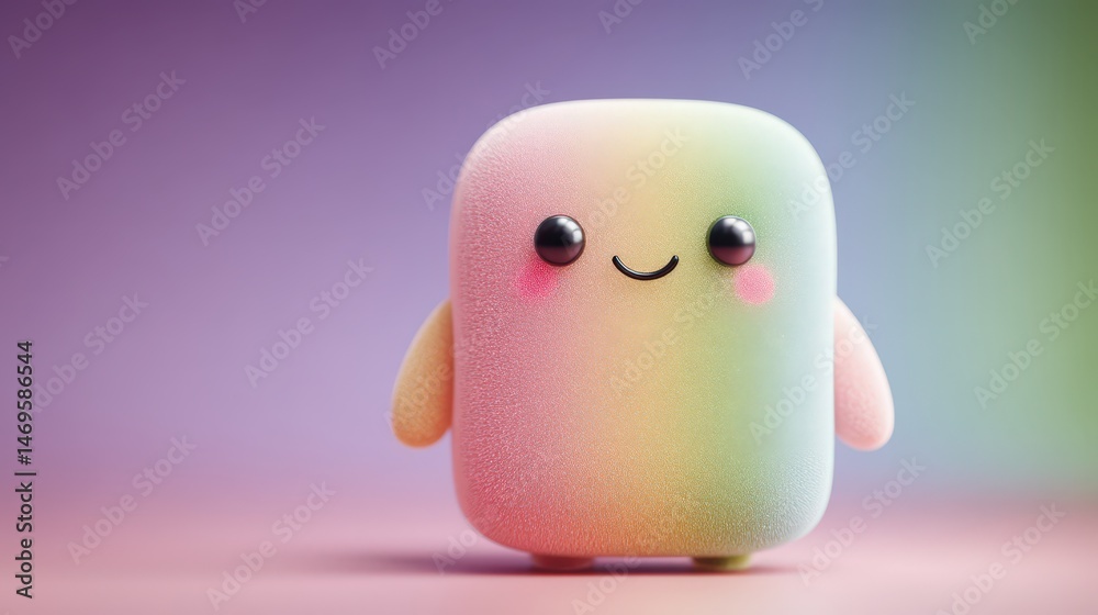 Poster Small smiling toy character with chat bubble and ai face appearing on mobile screen in a clean modern setting
