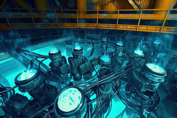 Bright radiation rods emit blue glow inside nuclear reactor core, surrounded by cooling system