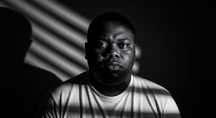 Striking black and white portrait of a serious African American man with dramatic window shadows creating a powerful and intense mood