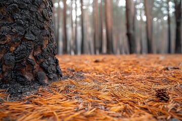 Fototapeta premium Charred forest with pine needles and burnt trunk highlighting environmental regeneration