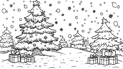 Snowy Christmas scene with trees and gifts; coloring page