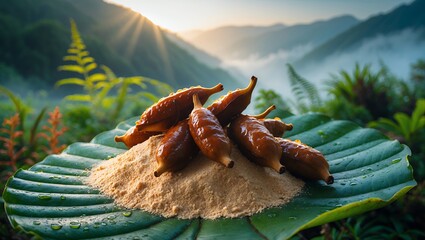Exotic Fruit and Powder on Leaf with Mountain View Background