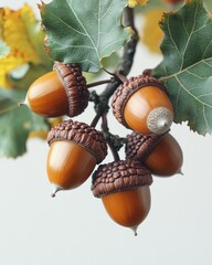 Close-up of acorns on a branch.  Healthy nuts, part of nature
