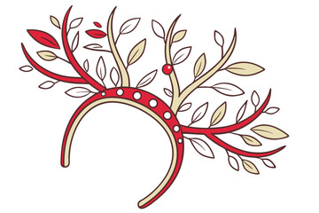 Naklejka premium 110 a festive reindeer antler headband with red and golden detailing, detailed christmas-themed headpiece, whimsical holiday accessory, intricate deer antler headdress, artistic digital illustration, 