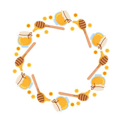 Circular arrangement of honey jars and dipper sticks on white background