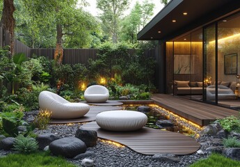 Serene, modern outdoor retreat with a Zen garden aesthetic.  Tranquil patio space features comfortable seating, a small pond, and lush greenery nestled against a contemporary home.  