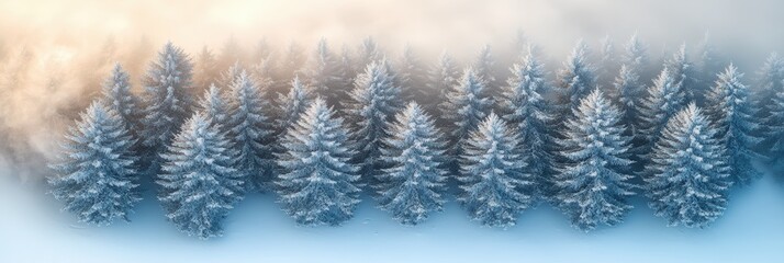 Obraz premium Winter forest landscape featuring snow-covered pine trees and soft misty atmosphere