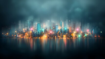 Futuristic city skyline at night, reflected in water. Foggy atmosphere, vibrant lights