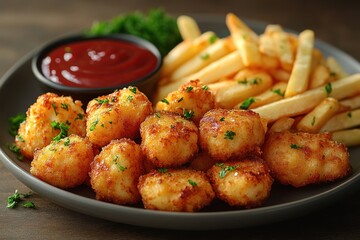 Fototapeta premium A delicious plate of fast food with chicken nuggets, fries, and sauce