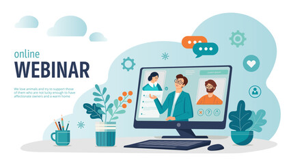 Online webinar concept, video conference via computer, vector flat illustration