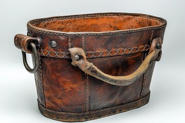 Rustic vintage leather bucket with stitching details for home decor or artistic display