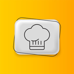 Black Chef hat icon isolated on yellow background. Cooking symbol. Cooks hat. Silver rectangle button. Vector