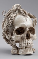 Octopus sitting on human skull sculpture