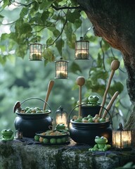 Enchanted cauldron scene with frogs