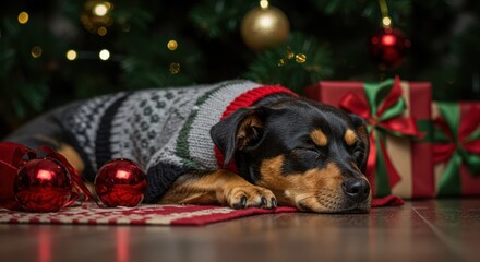 Dog under christmas tree