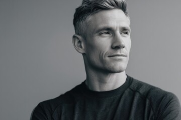 Fototapeta premium confident athletic coach looks forward with determination against simple monochrome background