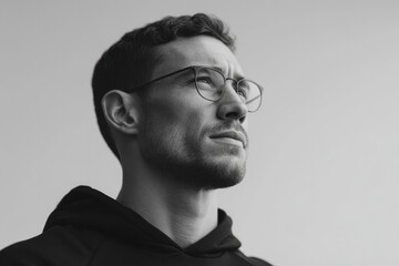 Obraz premium confident athletic coach looks forward with determination against simple monochrome background