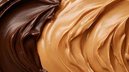 Aerial perspective of luscious peanut butter and chocolate paste, highlighting its enticing texture.