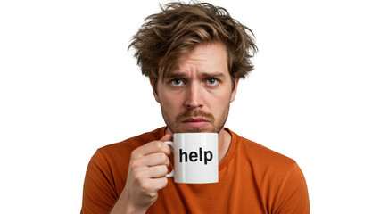Man holding mug asking for help