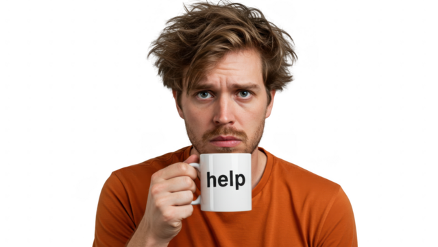 Man holding mug asking for help