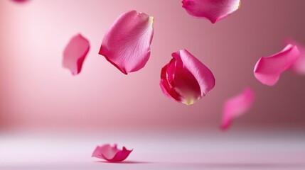 Fototapeta premium Light pink rose petals falling gently on a pastel pink surface, abstract floral scene