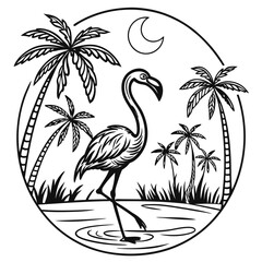Flamingo in Tropical Paradise Night Scene Black and White Illustration