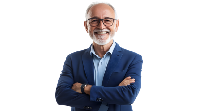 Professional Senior Man in Blue Suit Smiling Positively for Camera