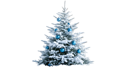 Snowy Christmas Tree with Blue Ornaments Isolated on Transparent Background