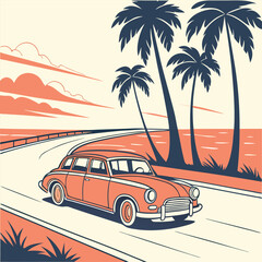 Classic Car Driving on Coastal Road with Palm Trees at Sunset