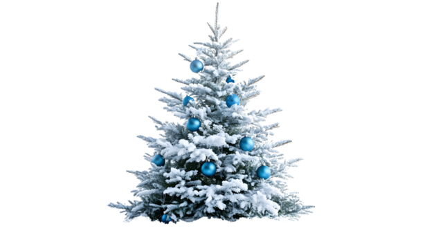 Snowy Christmas Tree with Blue Ornaments Isolated on Transparent Background - Powered by Adobe