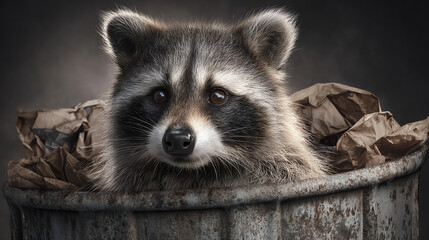 Obraz premium Raccoon In Trash Can