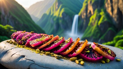 Grilled Red Fruit Slices with Pistachios in Mountainous Waterfall Setting
