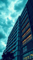 Fototapeta premium Modern Apartment Building at Dusk: Low angle view of a contemporary facade against a dramatic sky.