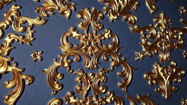 Luxurious golden baroque ornamentation on elegant blue surface display