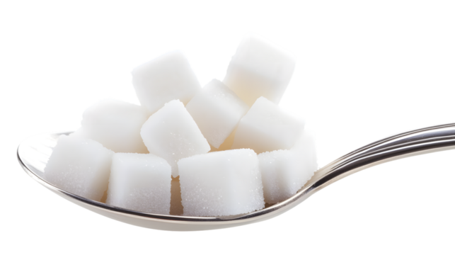 White Sugar Cubes in Metal Spoon Isolated on Transparent Background