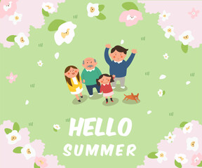 Obraz premium Vector illustration on the theme of summer activities. Summer sale or festival. Family of mom, grandpa and dad with dog in green meadow under flowering trees.