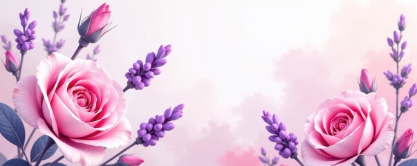 Soft blush roses & lavender buds, watercolor wash effect, wash, spring