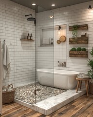 Modern, minimalist bathroom with a walk-in shower, soaking tub, and wooden accents.  Natural light, greenery, and a clean, organized design