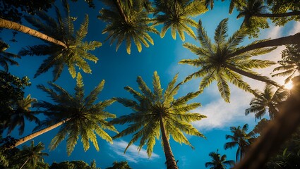 Looking up at Palm Trees Against Blue Sky on Sunny Day